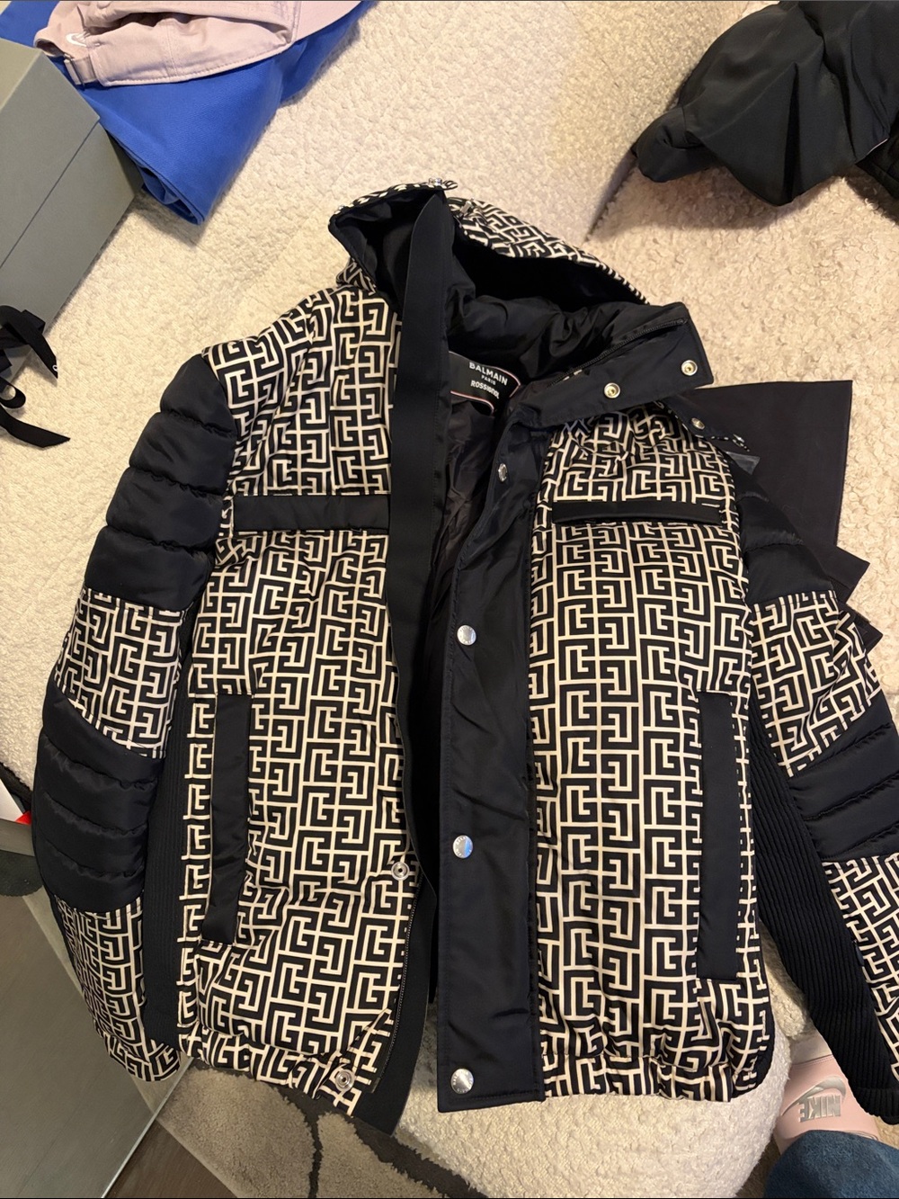 Balmain Black & Cream Logo-Print Quilted Puffer Jacket